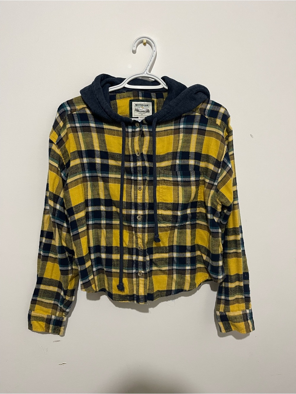 American Eagle Outfitters Yellow and Navy Plaid Hooded Button-Down Shirt